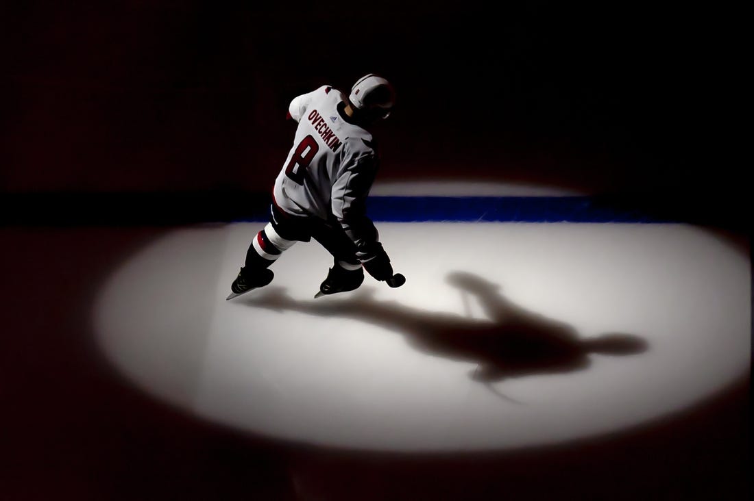 Feb 11, 2023; Boston, Massachusetts, USA; Washington Capitals left wing Alex Ovechkin (8) skates before their game against the Boston Bruins at TD Garden. Mandatory Credit: Winslow Townson-USA TODAY Sports