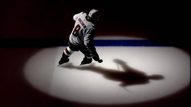 Feb 11, 2023; Boston, Massachusetts, USA; Washington Capitals left wing Alex Ovechkin (8) skates before their game against the Boston Bruins at TD Garden. Mandatory Credit: Winslow Townson-USA TODAY Sports