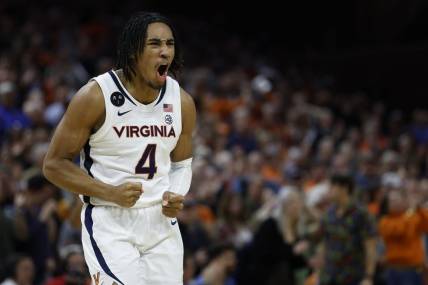 Feb 11, 2023; Charlottesville, Virginia, USA; Virginia Cavaliers guard Armaan Franklin (4) celebrates in the final seconds against the Duke Blue Devils in overtime at John Paul Jones Arena. Mandatory Credit: Geoff Burke-USA TODAY Sports