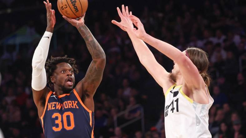 Feb 11, 2023; New York, New York, USA; New York Knicks forward Julius Randle (30) shoots the ball against Utah Jazz forward Kelly Olynyk (41) during the first half at Madison Square Garden. Mandatory Credit: Vincent Carchietta-USA TODAY Sports