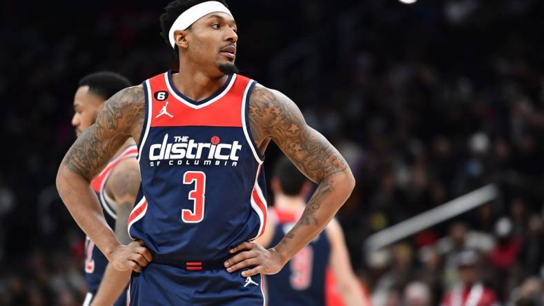 Feb 11, 2023; Washington, District of Columbia, USA; Washington Wizards guard Bradley Beal (3) looks on against the Indiana Pacers during the second half at Capital One Arena. Mandatory Credit: Brad Mills-USA TODAY Sports