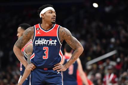 Feb 11, 2023; Washington, District of Columbia, USA; Washington Wizards guard Bradley Beal (3) looks on against the Indiana Pacers during the second half at Capital One Arena. Mandatory Credit: Brad Mills-USA TODAY Sports