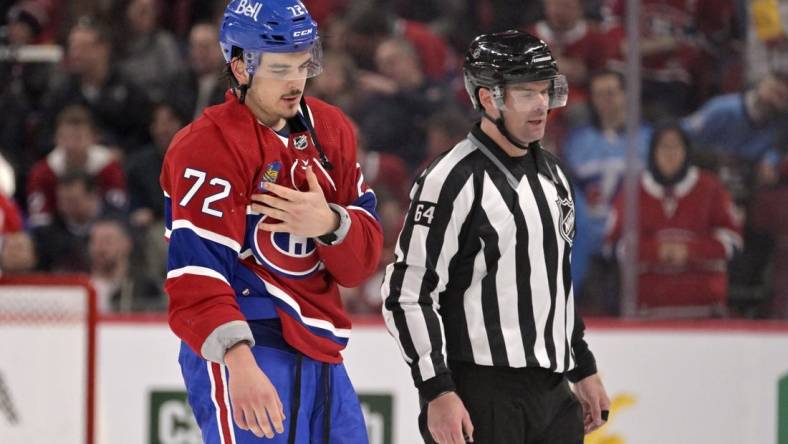 Feb 12, 2023; Montreal, Quebec, CAN; Montreal Canadiens defenseman Arber Xhekaj (72) leaves for the dressing room after his fight with Edmonton Oilers defenseman Vincent Desharnais (73) (not pictured) during the second period at the Bell Centre. Mandatory Credit: Eric Bolte-USA TODAY Sports