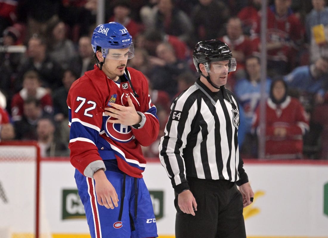 Feb 12, 2023; Montreal, Quebec, CAN; Montreal Canadiens defenseman Arber Xhekaj (72) leaves for the dressing room after his fight with Edmonton Oilers defenseman Vincent Desharnais (73) (not pictured) during the second period at the Bell Centre. Mandatory Credit: Eric Bolte-USA TODAY Sports