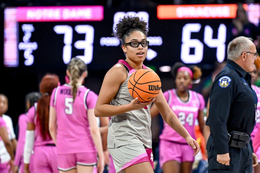 Feb 12, 2023; South Bend, Indiana, USA; Notre Dame Fighting Irish guard Olivia Miles (5) walks toward her bench after the game against the Syracuse Orange at the Purcell Pavilion. Mandatory Credit: Matt Cashore-USA TODAY Sports