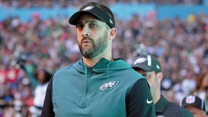 Feb 12, 2023; Glendale, Arizona, US; Philadelphia Eagles head coach Nick Sirianni walks on the field before Super Bowl LVII against the Kansas City Chiefs at State Farm Stadium. Mandatory Credit: Kirby Lee-USA TODAY Sports