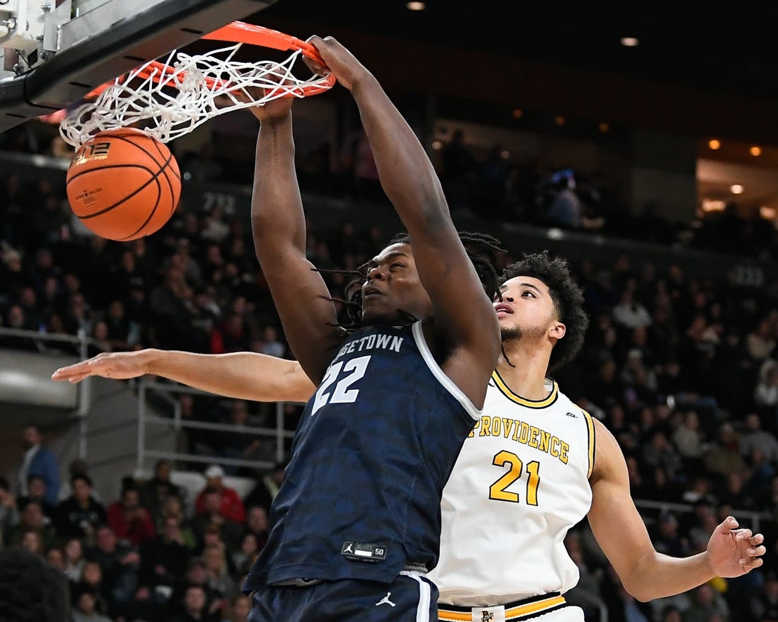 Feb 8, 2023; Providence, Rhode Island, USA; Georgetown Hoyas forward Bradley Ezewiro (22) dunks the ball against the Providence Friars during the second half at Amica Mutual Pavilion. Mandatory Credit: Eric Canha-USA TODAY Sports