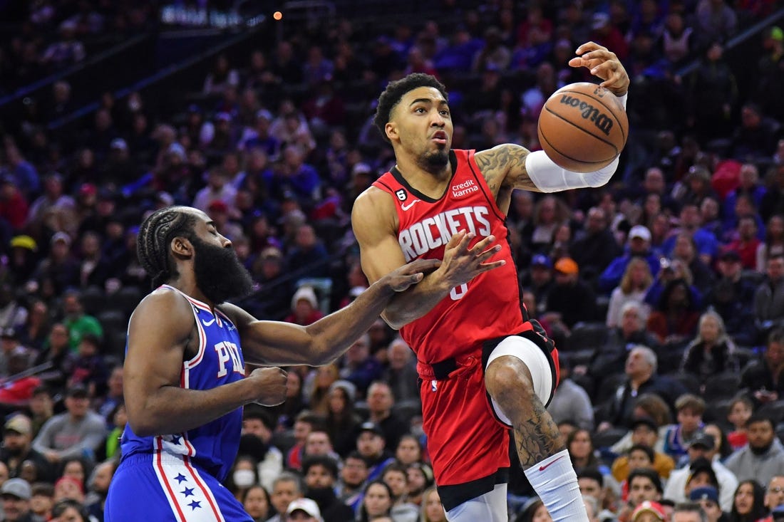 Feb 13, 2023; Philadelphia, Pennsylvania, USA; Houston Rockets forward Kenyon Martin Jr. (6) loses control of the ball against Philadelphia 76ers guard James Harden (1) during the second quarter at Wells Fargo Center. Mandatory Credit: Eric Hartline-USA TODAY Sports