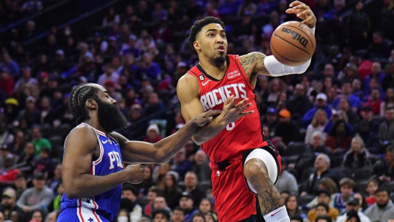 Feb 13, 2023; Philadelphia, Pennsylvania, USA; Houston Rockets forward Kenyon Martin Jr. (6) loses control of the ball against Philadelphia 76ers guard James Harden (1) during the second quarter at Wells Fargo Center. Mandatory Credit: Eric Hartline-USA TODAY Sports