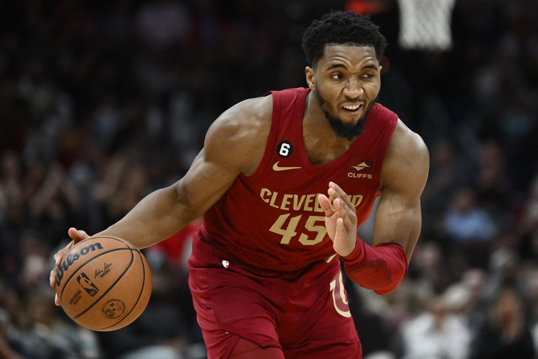 Feb 13, 2023; Cleveland, Ohio, USA; Cleveland Cavaliers guard Donovan Mitchell (45) drives to the basket during the second half against the San Antonio Spurs at Rocket Mortgage FieldHouse. Mandatory Credit: Ken Blaze-USA TODAY Sports