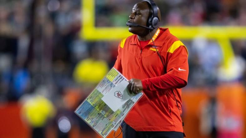 Feb 12, 2023; Glendale, Arizona, US; Kansas City Chiefs offensive coordinator Eric Bieniemy against the Philadelphia Eagles during Super Bowl LVII at State Farm Stadium. Mandatory Credit: Mark J. Rebilas-USA TODAY Sports