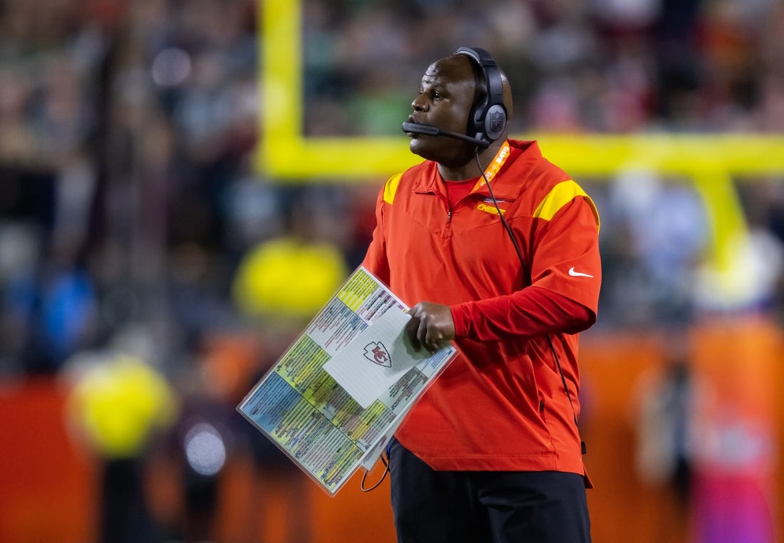 Feb 12, 2023; Glendale, Arizona, US; Kansas City Chiefs offensive coordinator Eric Bieniemy against the Philadelphia Eagles during Super Bowl LVII at State Farm Stadium. Mandatory Credit: Mark J. Rebilas-USA TODAY Sports