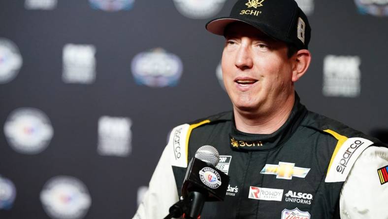 Feb 15, 2023; Daytona Beach, Florida, USA; NASCAR Cup Series driver Kyle Busch (8) talks with the press during media day at Daytona International Speedway. Mandatory Credit: John David Mercer-USA TODAY Sports