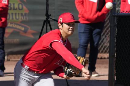 Feb 15, 2023; Tempe, AZ, USA; Los Angeles Angels starting pitcher Shohei Ohtani (17) throws in the bullpen during spring training camp. Mandatory Credit: Rick Scuteri-USA TODAY Sports