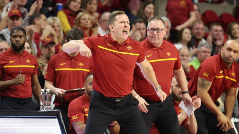 Feb 15, 2023; Ames, Iowa, USA; Iowa State Cyclones head coach T.J. Otzelberger talks to his team during their game with the TCU Horned Frogs in the first half at James H. Hilton Coliseum. Mandatory Credit: Reese Strickland-USA TODAY Sports