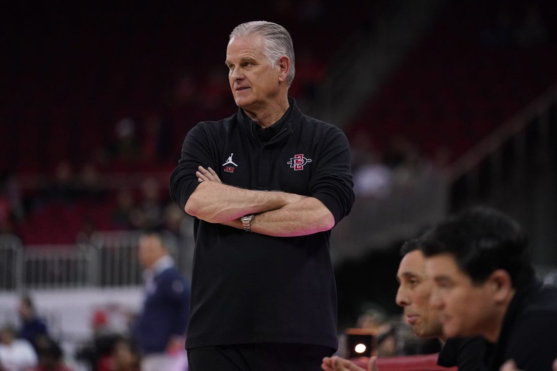 Feb 15, 2023; Fresno, California, USA; San Diego State Aztecs head coach Brian Dutcher watches action against the Fresno State Bulldogs in the second half at the Save Mart Center. Mandatory Credit: Cary Edmondson-USA TODAY Sports