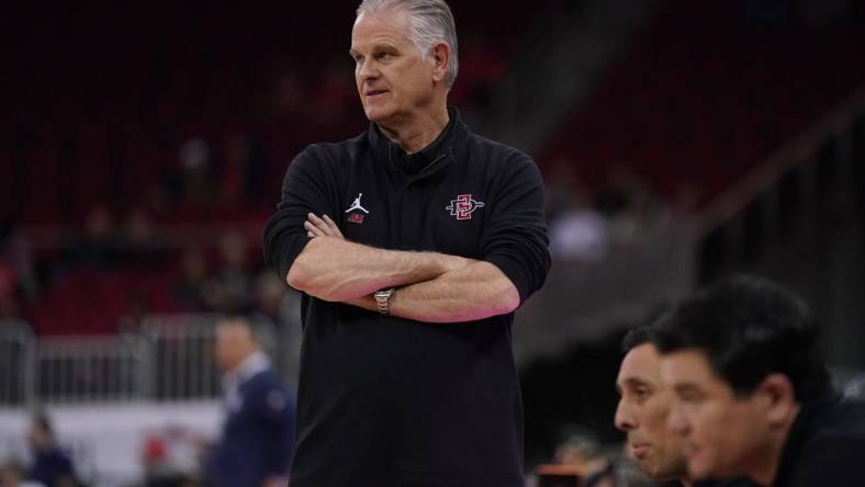 Feb 15, 2023; Fresno, California, USA; San Diego State Aztecs head coach Brian Dutcher watches action against the Fresno State Bulldogs in the second half at the Save Mart Center. Mandatory Credit: Cary Edmondson-USA TODAY Sports