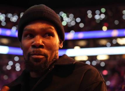 Feb 16, 2023; Phoenix, Arizona, USA; Phoenix Suns forward Kevin Durant looks on against the LA Clippers during the first half at Footprint Center. Mandatory Credit: Joe Camporeale-USA TODAY Sports