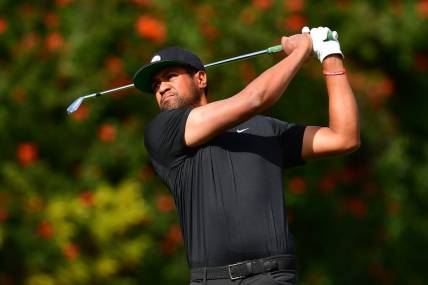 Feb 17, 2023; Pacific Palisades, California, USA; Tony Finau hits from the fourth hole tee during the second round of The Genesis Invitational golf tournament. Mandatory Credit: Gary A. Vasquez-USA TODAY Sports