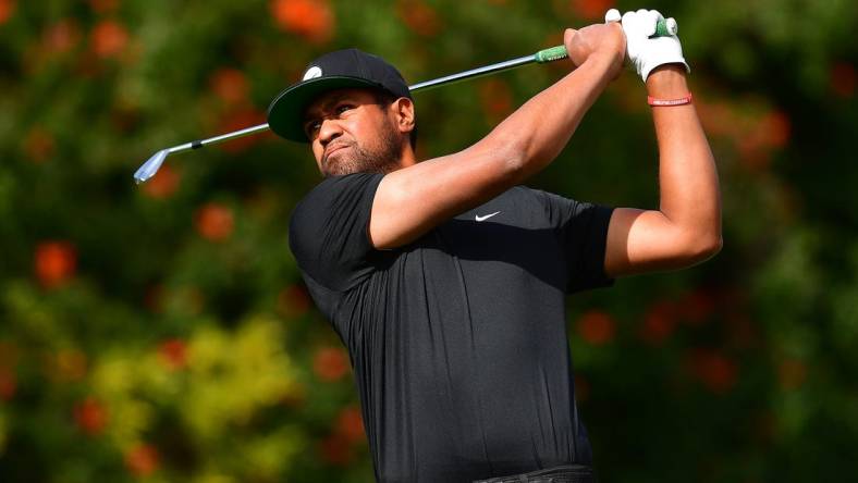 Feb 17, 2023; Pacific Palisades, California, USA; Tony Finau hits from the fourth hole tee during the second round of The Genesis Invitational golf tournament. Mandatory Credit: Gary A. Vasquez-USA TODAY Sports