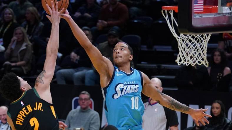 Feb 17, 2023; Salt Lake City, UT, USA;  Team Jason player Scottie Pippen Jr. (2) shoots against Team Joakim forward Jeremy Sochan (10) in the 2023 NBA All Star Rising Stars Game at Vivint Arena. Mandatory Credit: Kyle Terada-USA TODAY Sports