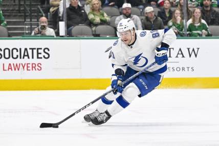 Feb 11, 2023; Dallas, Texas, USA; Tampa Bay Lightning defenseman Erik Cernak (81) in action during the game between the Dallas Stars and the Tampa Bay Lightning at American Airlines Center. Mandatory Credit: Jerome Miron-USA TODAY Sports