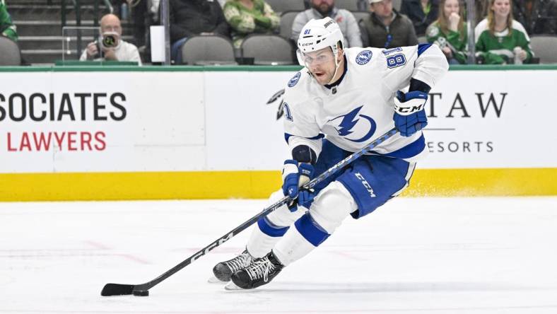 Feb 11, 2023; Dallas, Texas, USA; Tampa Bay Lightning defenseman Erik Cernak (81) in action during the game between the Dallas Stars and the Tampa Bay Lightning at American Airlines Center. Mandatory Credit: Jerome Miron-USA TODAY Sports