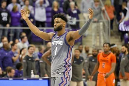 Feb 18, 2023; Fort Worth, Texas, USA; TCU Horned Frogs guard Mike Miles Jr. (1) celebrates the win over the Oklahoma State Cowboys at the Ed and Rae Schollmaier Arena. Mandatory Credit: Jerome Miron-USA TODAY Sports