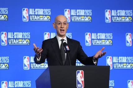 Feb 18, 2023; Salt Lake City, UT, USA; NBA commissioner Adam Silver speaks in a press conference during the 2023 All Star Saturday Night at Vivint Arena. Mandatory Credit: Kirby Lee-USA TODAY Sports