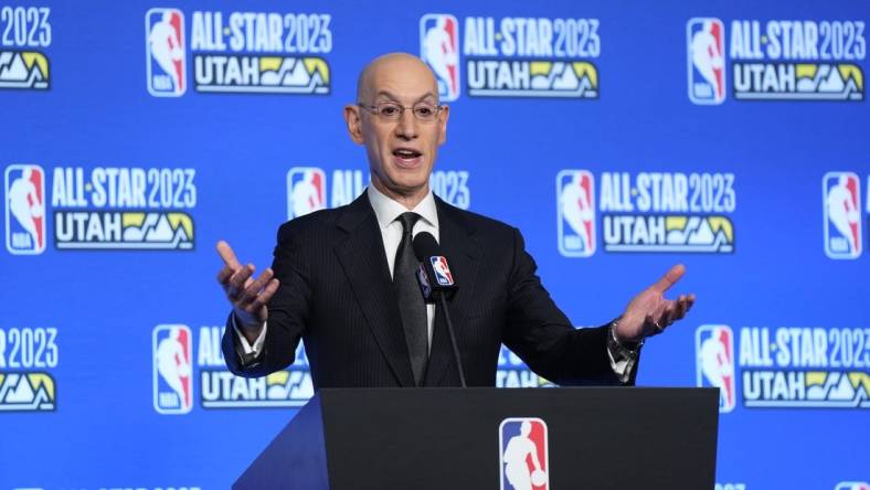 Feb 18, 2023; Salt Lake City, UT, USA; NBA commissioner Adam Silver speaks in a press conference during the 2023 All Star Saturday Night at Vivint Arena. Mandatory Credit: Kirby Lee-USA TODAY Sports