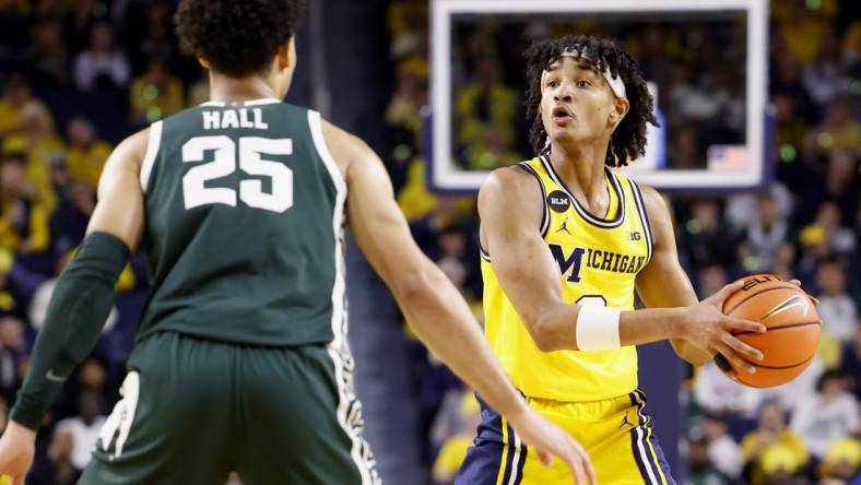 Feb 18, 2023; Ann Arbor, Michigan, USA;  Michigan Wolverines guard Kobe Bufkin (2) controls the ball against Michigan State Spartans forward Malik Hall (25) in the first half at Crisler Center. Mandatory Credit: Rick Osentoski-USA TODAY Sports