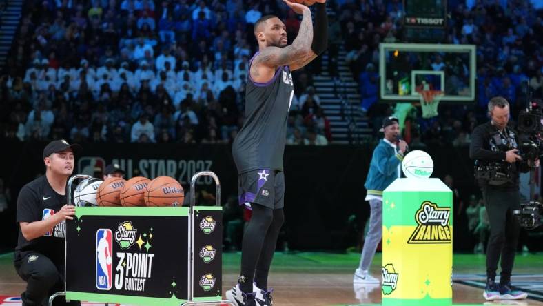 Feb 18, 2023; Salt Lake City, UT, USA; Portland Trail Blazers guard Damian Lillard competes in the 3-Point Contest during the 2023 All Star Saturday Night at Vivint Arena. Mandatory Credit: Kyle Terada-USA TODAY Sports