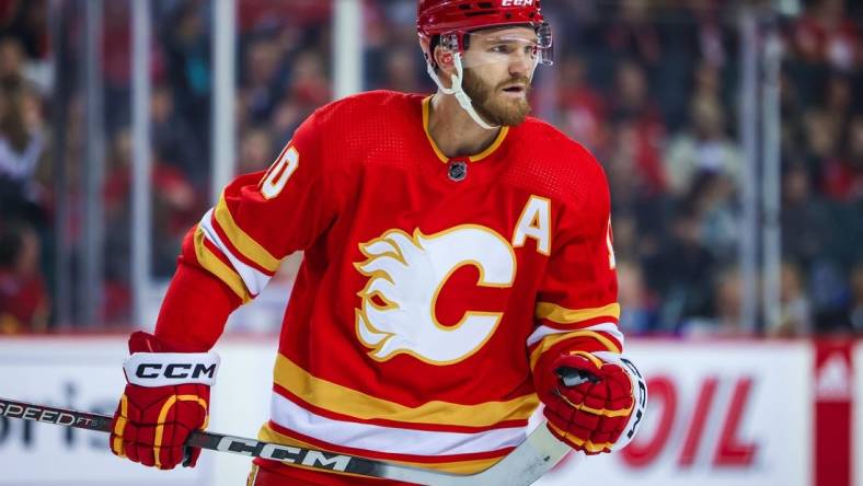 Feb 18, 2023; Calgary, Alberta, CAN; Calgary Flames center Jonathan Huberdeau (10) during the first period against the New York Rangers at Scotiabank Saddledome. Mandatory Credit: Sergei Belski-USA TODAY Sports