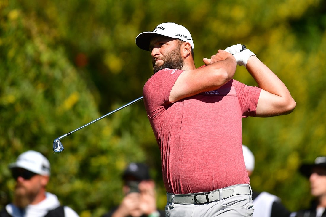 Feb 19, 2023; Pacific Palisades, California, USA; Jon Rahm hits from the fourth hole tee during the final round of The Genesis Invitational golf tournament. Mandatory Credit: Gary A. Vasquez-USA TODAY Sports