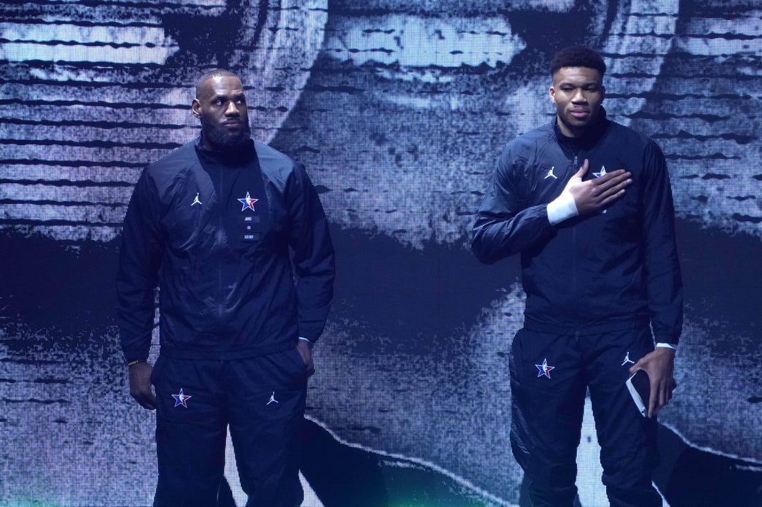 Feb 19, 2023; Salt Lake City, UT, USA; Team Lebron captain Lebron James (left) and Team Giannis captain Giannis Antetokoumpo (right) before the 2023 NBA All-Star Game at Vivint Arena. Mandatory Credit: Kirby Lee-USA TODAY Sports