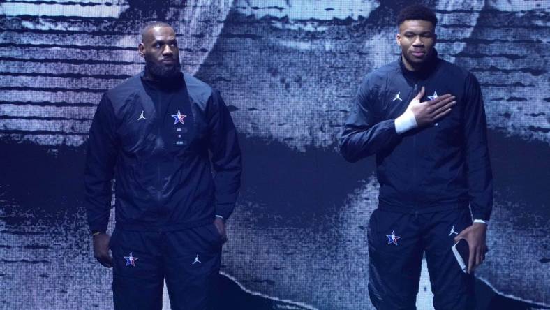 Feb 19, 2023; Salt Lake City, UT, USA; Team Lebron captain Lebron James (left) and Team Giannis captain Giannis Antetokoumpo (right) before the 2023 NBA All-Star Game at Vivint Arena. Mandatory Credit: Kirby Lee-USA TODAY Sports