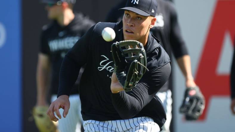 Feb 20, 2023; Tampa, FL, USA; New York Yankees center fielder Aaron Judge (99) works out during spring training practice at George M Steinbrenner Field. Mandatory Credit: Kim Klement-USA TODAY Sports