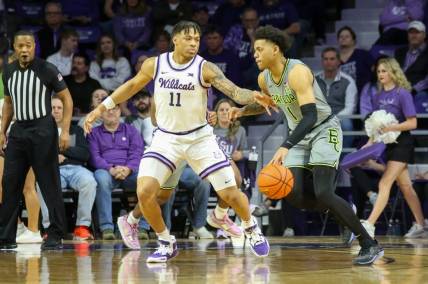 Feb 21, 2023; Manhattan, Kansas, USA; Baylor Bears guard Keyonte George (1) is guarded by Kansas State Wildcats guard Keyontae Johnson (11) during the first half at Bramlage Coliseum. Mandatory Credit: Scott Sewell-USA TODAY Sports