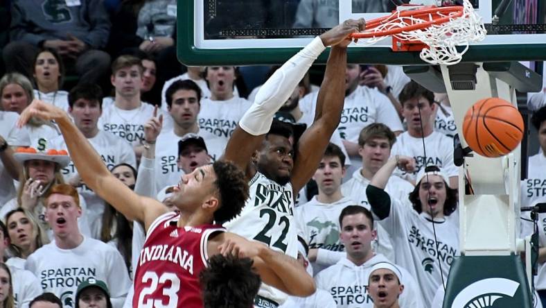 Feb 21, 2023; East Lansing, Michigan, USA; Michigan State Spartans center Mady Sissoko (22) dunks the ball past Indiana Hoosiers forward Trayce Jackson-Davis (23) in the first half at Jack Breslin Student Events Center. Mandatory Credit: Dale Young-USA TODAY Sports