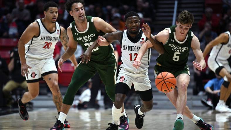 Feb 21, 2023; San Diego, California, USA; San Diego State Aztecs guard Darrion Trammell (12) and Colorado State Rams guard Baylor Hebb (5) battle for a loose ball during the first half at Viejas Arena. Mandatory Credit: Orlando Ramirez-USA TODAY Sports