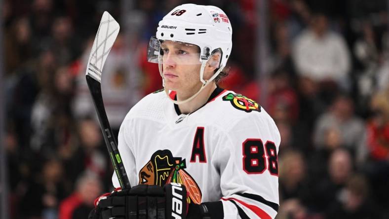 Feb 19, 2023; Chicago, Illinois, USA;  Chicago Blackhawks forward Patrick Kane (88) skates against the Toronto Maple Leafs at United Center. Mandatory Credit: Jamie Sabau-USA TODAY Sports