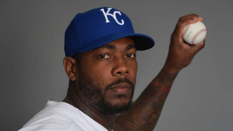 Feb 22, 2023; Surprise, AZ, USA; Kansas City Royals relief pitcher Aroldis Chapman (54) poses for a photo during Photo Day at Surprise Stadium Mandatory Credit: Joe Camporeale-USA TODAY Sports