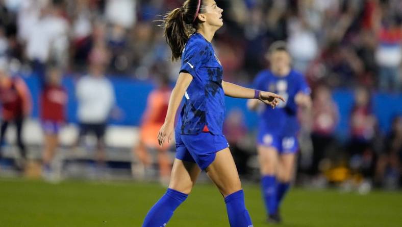 Feb 22, 2023; Frisco, Texas, USA; United States of America forward Alex Morgan (13) reacts after scoring a goal against Brazil during the first half at Toyota Stadium. Mandatory Credit: Chris Jones-USA TODAY Sports