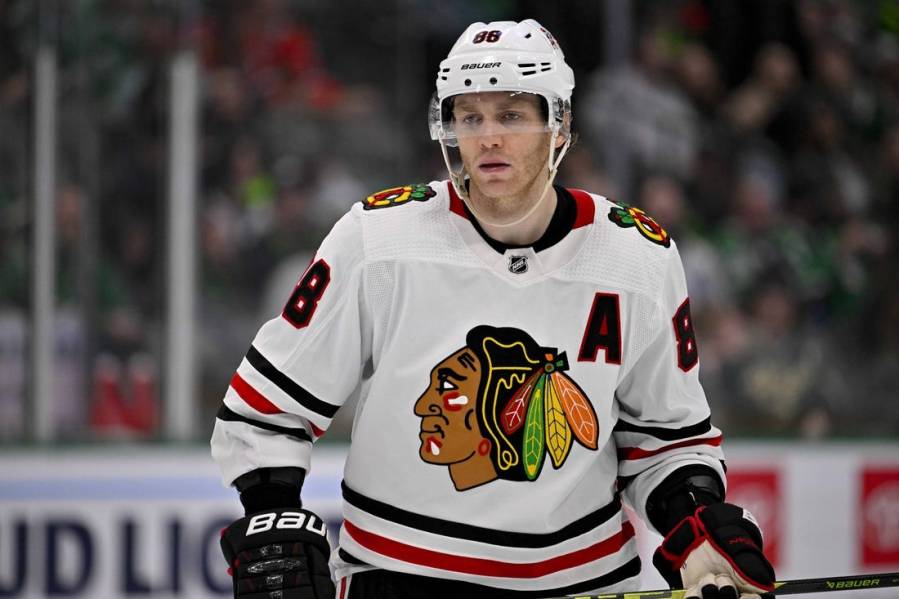 Feb 22, 2023; Dallas, Texas, USA; Chicago Blackhawks right wing Patrick Kane (88) waits for the face-off in the Dallas Stars zone during the third period at the American Airlines Center. Mandatory Credit: Jerome Miron-USA TODAY Sports