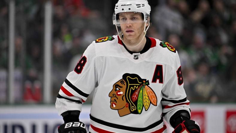 Feb 22, 2023; Dallas, Texas, USA; Chicago Blackhawks right wing Patrick Kane (88) waits for the face-off in the Dallas Stars zone during the third period at the American Airlines Center. Mandatory Credit: Jerome Miron-USA TODAY Sports