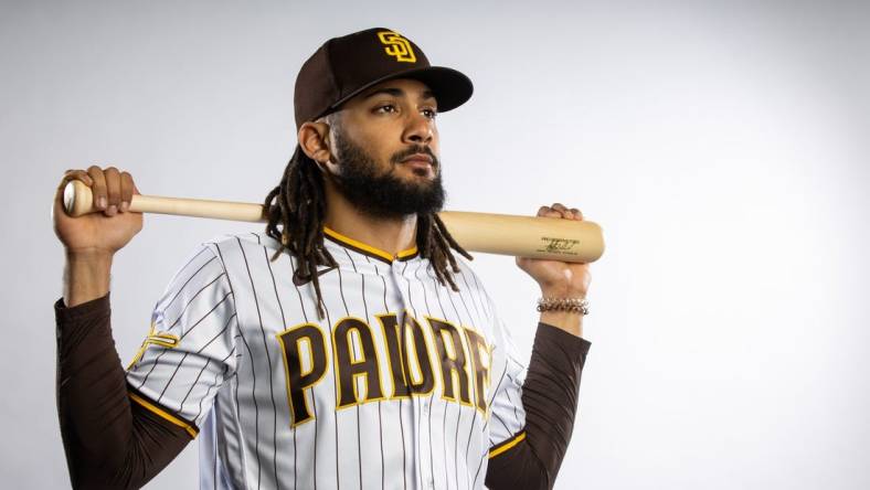 Feb 23, 2023; Peoria, AZ, USA; San Diego Padres infielder Fernando Tatis Jr poses for a portrait during photo day at Peoria Sports Complex. Mandatory Credit: Mark J. Rebilas-USA TODAY Sports