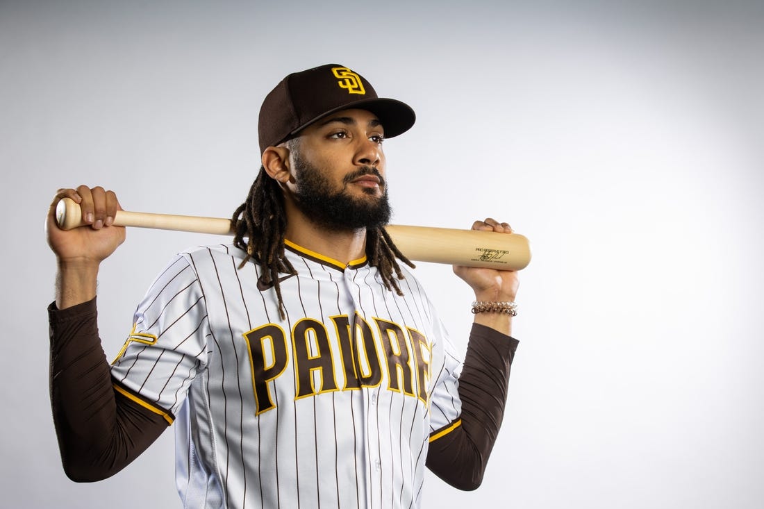 Feb 23, 2023; Peoria, AZ, USA; San Diego Padres infielder Fernando Tatis Jr poses for a portrait during photo day at Peoria Sports Complex. Mandatory Credit: Mark J. Rebilas-USA TODAY Sports