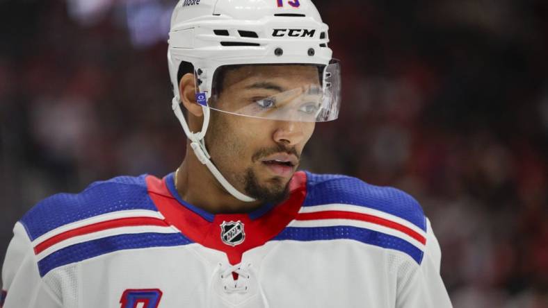 Feb 23, 2023; Detroit, Michigan, USA; New York Rangers defenseman K'Andre Miller (79) looks on during the second period at Little Caesars Arena. Mandatory Credit: Brian Bradshaw Sevald-USA TODAY Sports