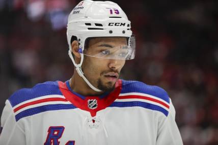 Feb 23, 2023; Detroit, Michigan, USA; New York Rangers defenseman K'Andre Miller (79) looks on during the second period at Little Caesars Arena. Mandatory Credit: Brian Bradshaw Sevald-USA TODAY Sports