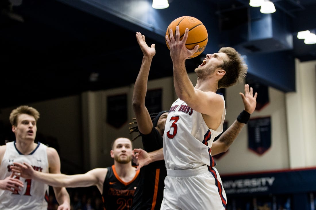 Feb 23, 2023; Moraga, California, USA;  St. Mary's Gaels guard Augustas Marciulionis (3) is fouled by Pacific Tigers guard Keylan Boone (20) during the first half at University Credit Union Pavilion. Mandatory Credit: John Hefti-USA TODAY Sports